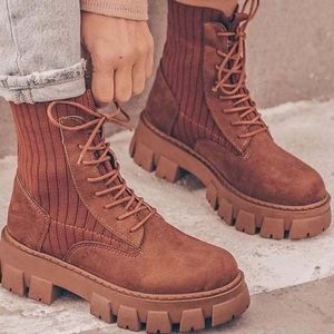 Brown Knit Combat Boots